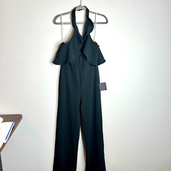 Lulus Elegant Flair Black Ruffled Wide-Leg Halter Jumpsuit Wedding Party M NWT - Picture 2 of 7